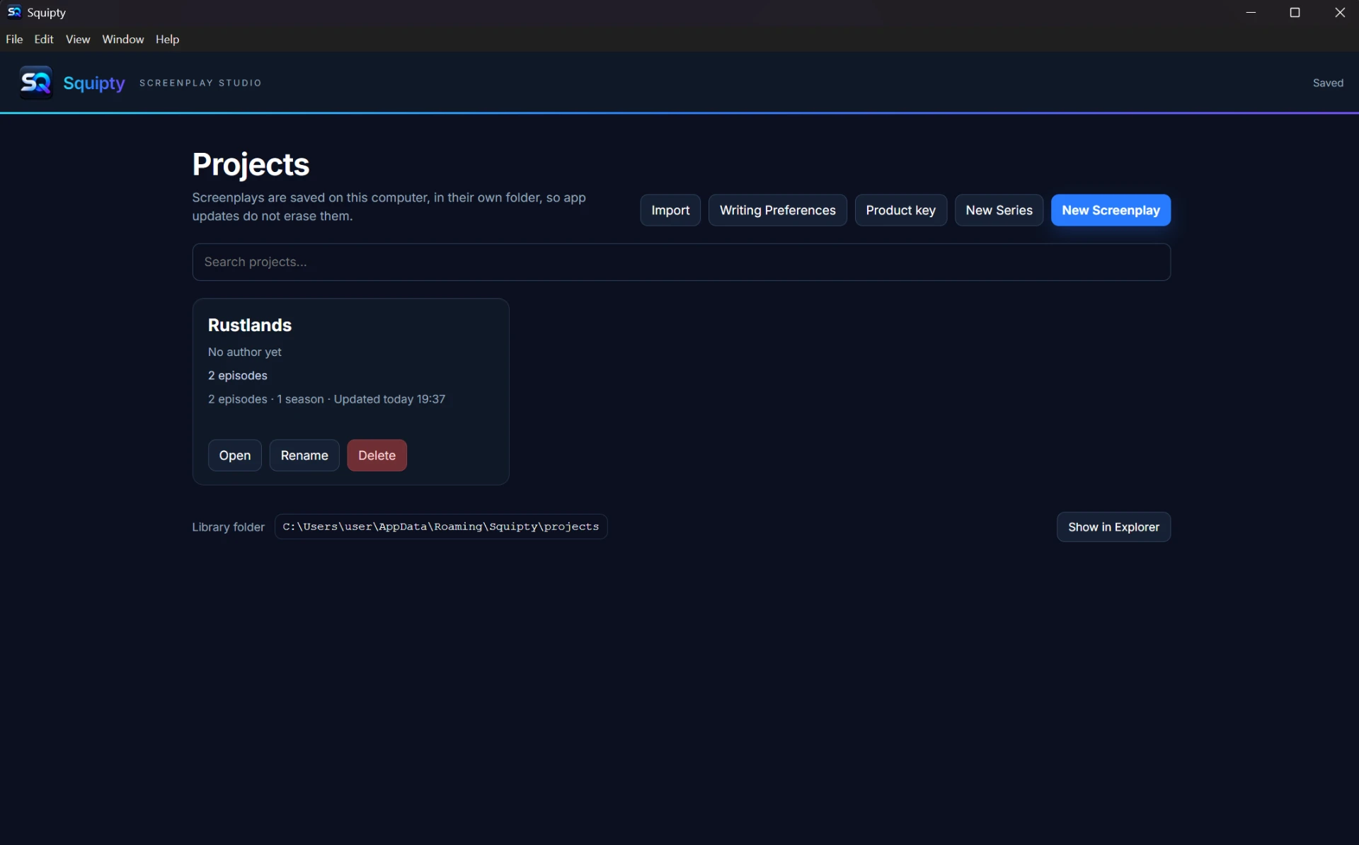Squipty project library showing the Rustlands series with two episodes, project search, import and new screenplay controls