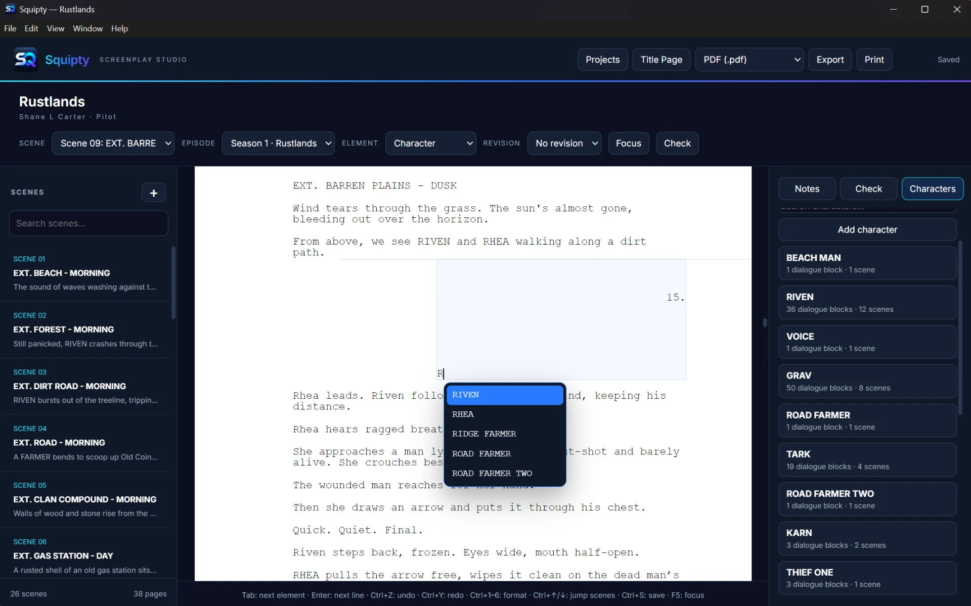Rustlands screenplay in Squipty with the characters panel, dialogue and scene counts, and character-name suggestions